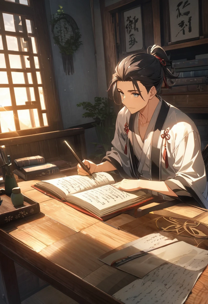 In the quiet study、A male swordsman『Book of Five Rings』is writing。In the background, soft light shines through the window.