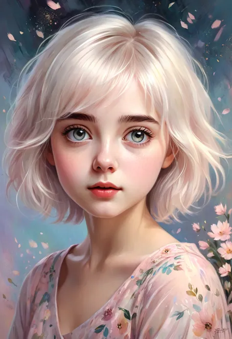 digital painting of a young girl with short, fluffy white hair and large, expressive eyes, captured in a highly detailed, painte...