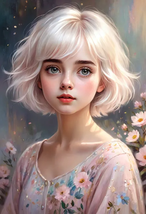 digital painting of a young girl with short, fluffy white hair and large, expressive eyes, captured in a highly detailed, painte...