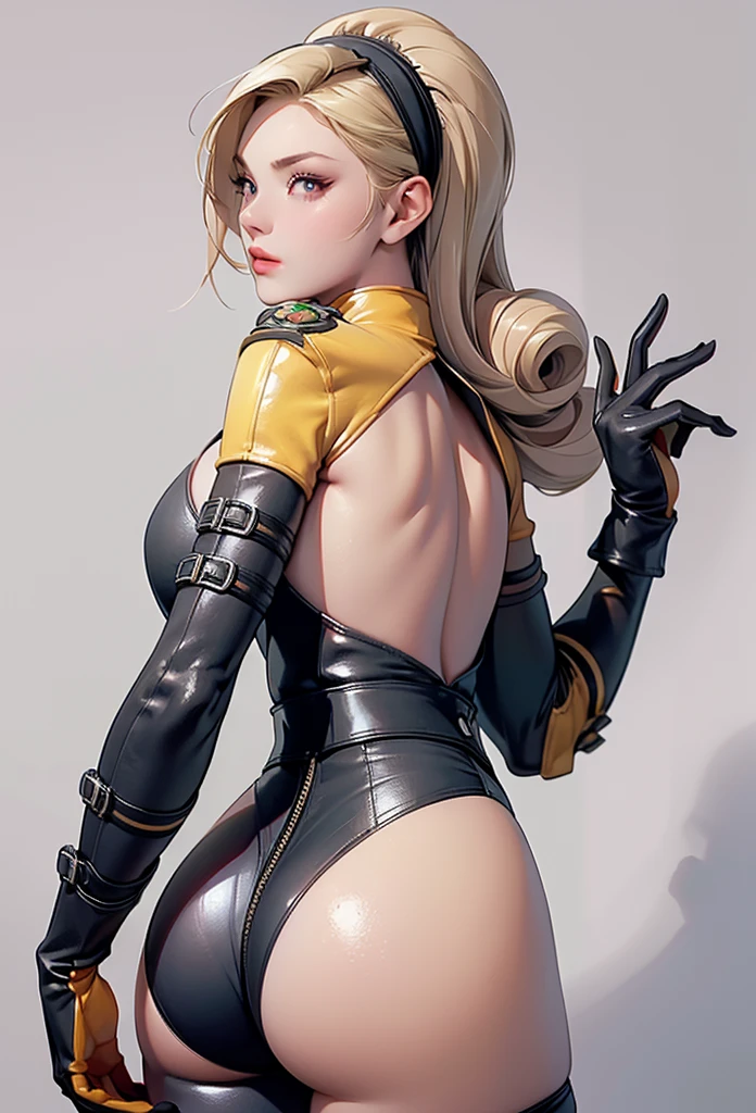 perfect eyes:1.2, detailed eyes:1.4, lienneville, from behind, ass, looking back, mansion, blonde hair, hairband, red eyes, bodysuit, large breasts, cleavage, gloves, medium full shot, thigh-level shot, 1girl, solo, (masterpiece:1.6, best quality),