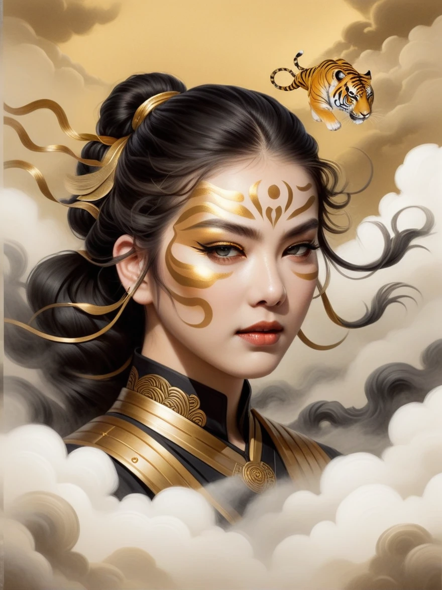 The antrapomorphic Tigress girl roared towards the camera, a close-up portrait with thin lines, gold and black background, air clouds, hand-drawn illustrations, images in the style of cloudpunk, in the style of Chinese traditional painting, against a background of smoke and clouds, golden lines, delicate brush strokes, close-up. overview, full-length shot, beige color scheme, high detail and resolution. 