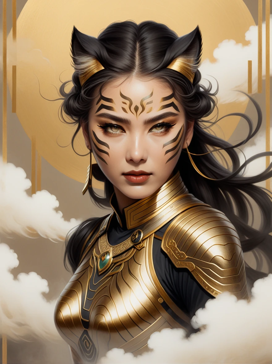 The antrapomorphic Tigress girl roared towards the camera, a close-up portrait with thin lines, gold and black background, air clouds, hand-drawn illustrations, images in the style of cloudpunk, in the style of Chinese traditional painting, against a background of smoke and clouds, golden lines, delicate brush strokes, close-up. overview, full-length shot, beige color scheme, high detail and resolution. 