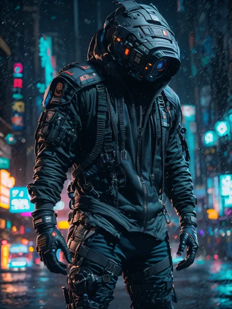 (masterpiece, full body shot, intricate raw photography) cyberpunk citizen, comfortable oversize black hoodie, black cargo pants...