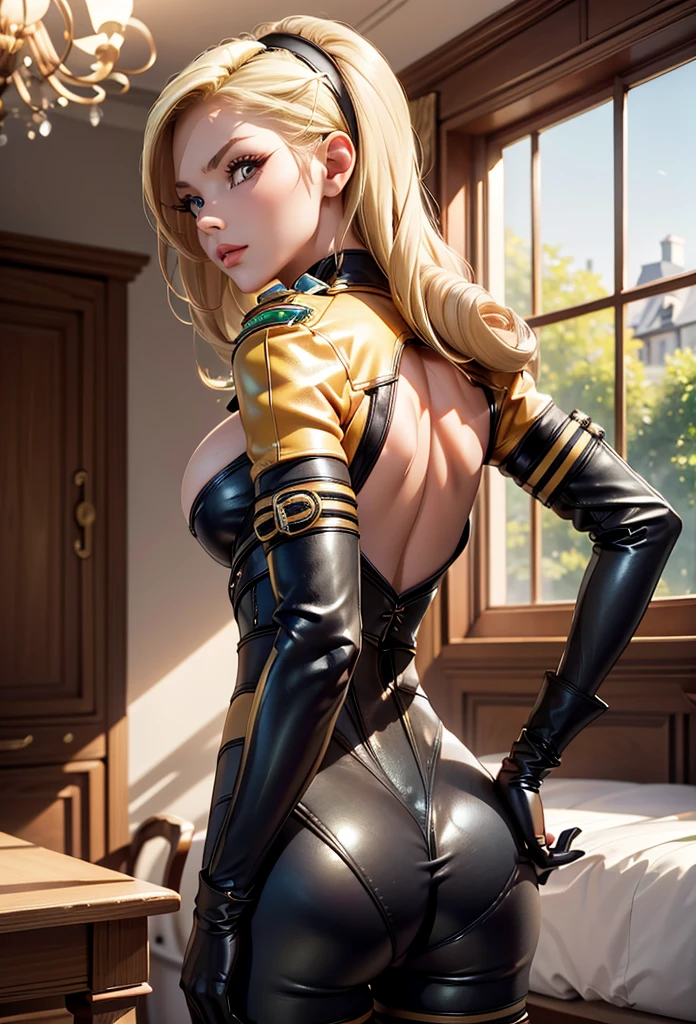 perfect eyes:1.2, detailed eyes:1.4, lienneville, from behind, ass, looking back, mansion, blonde hair, hairband, red eyes, bodysuit, large breasts, cleavage, gloves, medium full shot, thigh-level shot, 1girl, solo, (masterpiece:1.6, best quality),