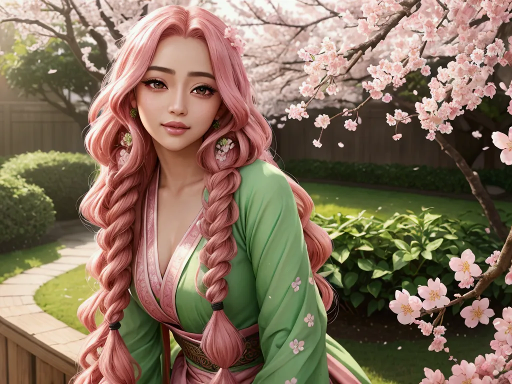 mitsuri kanroji, beautiful detailed eyes, beautiful detailed lips, extremely detailed face and hair, long curly pink hair, long ...