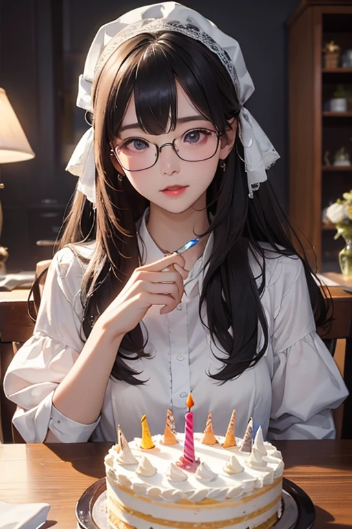 Highest quality、masterpiece、High sensitivity、High resolution、Detailed Description、Slender women、Glasses、Birthday Party、birthday cake、Lively、