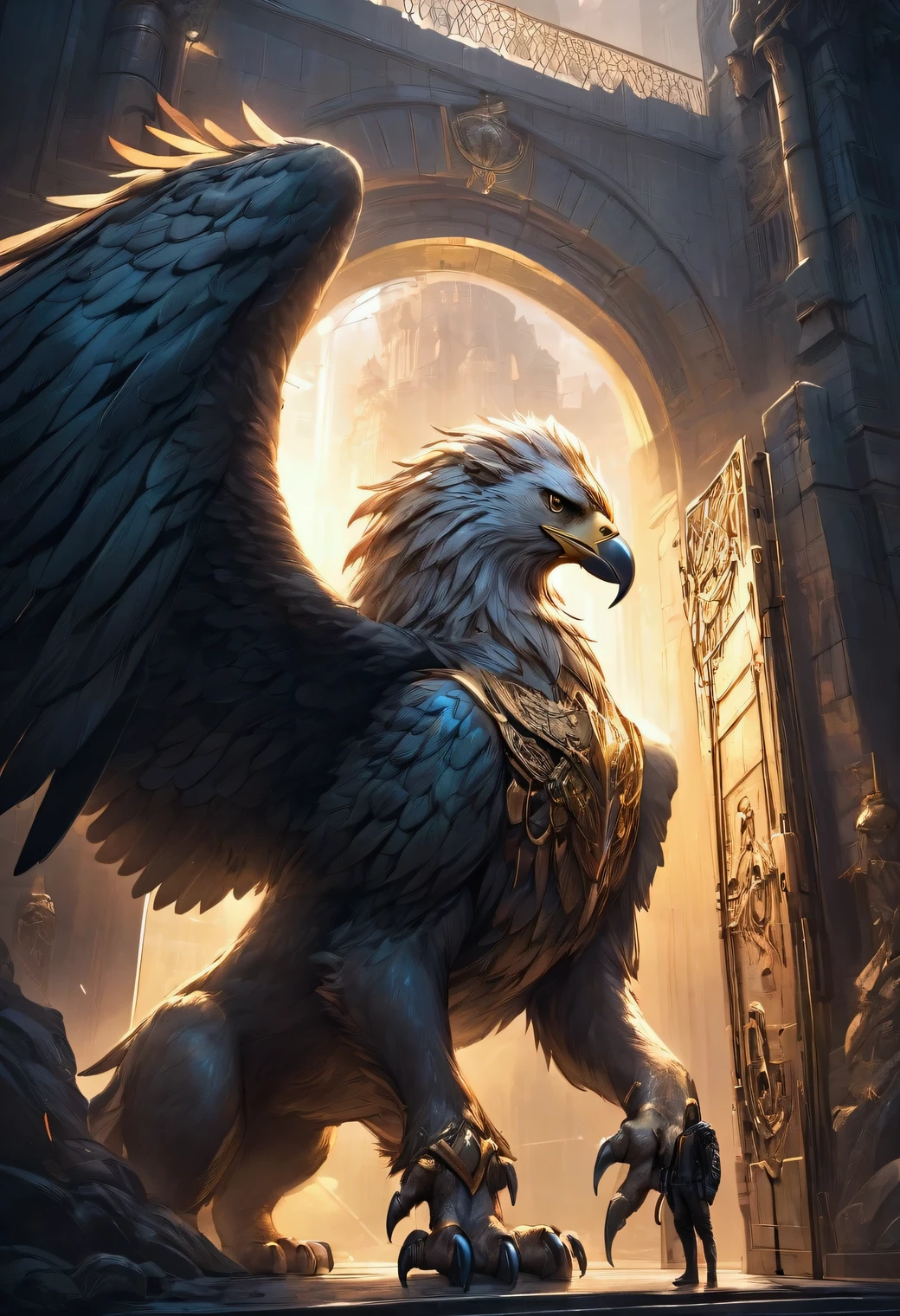 a majestic griffin, Eagle's head, beak, wings, with lion's body, standing guard at the gates of a mythical castle, embodying a powerful symbol of vigilance and strength as a sacred beast, cyberpunk style, from side below