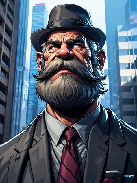 a portrait of an old man wearing a suit, upperbody, standing in a city background, (mwvector), baseball hat, vector, thick musta...