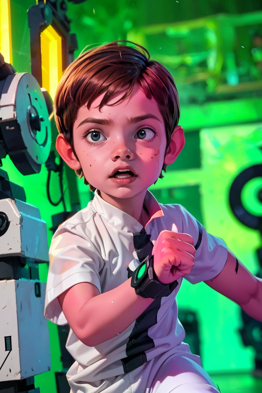 Movie poster, Ben 10 ((A child, 4yo ))), ((wearing a white outfit with black stripe in the center, showing fist. ((Machine on arm)) . Action facial expression )) . highy detailed, face detailed, realisitic, cinematic lighting, studio quality, proffesional, face detailed, intrikate, bright coloured. ((abstract lighting background)).