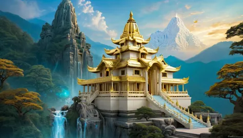 majestic temple, mystic, 2 story, on top of a mountain, ivory white and gold, with detailed architecture, located in a natural s...