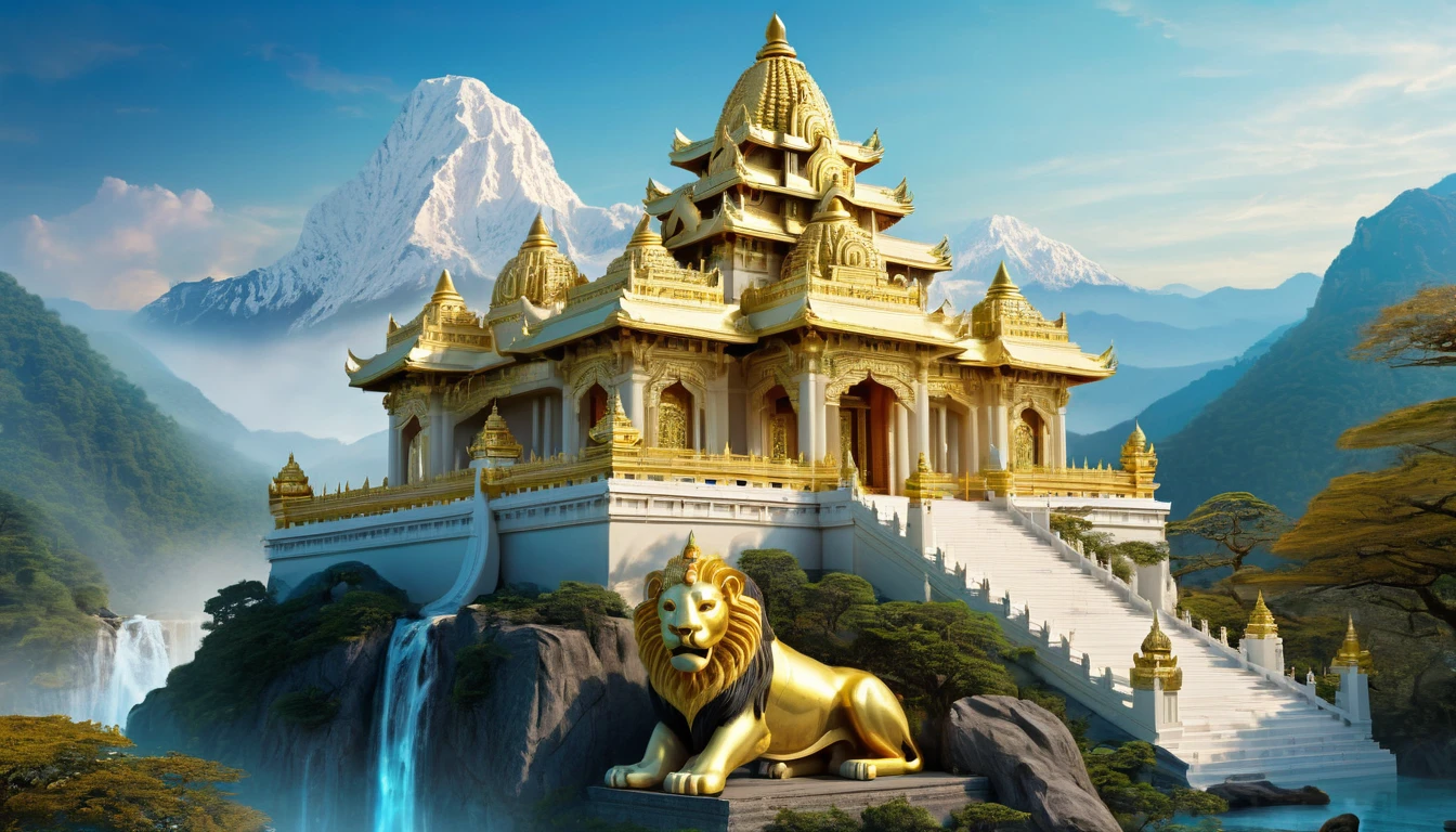 majestic temple, MYSTIC, 2 STORY, ON TOP OF A MOUNTAIN, IVORY WHITE AND GOLD, with detailed architecture, located in a natural setting of mountains and forests. A RIVER OF BLUE CYAN WATER, golden and shiny elements, . The sky can be BLUE WITH A LARGE LOA,
In front of the temple, an imposing lion can be seated or standing, with a noble posture and penetrating gaze, symbolizing strength and protection. The lion can be realistic, but with a touch of fantasy, perhaps with glowing eyes or gold details in its mane, This contrast between the transcendental temple and the powerful lion should create a visually appealing and symbolic image,