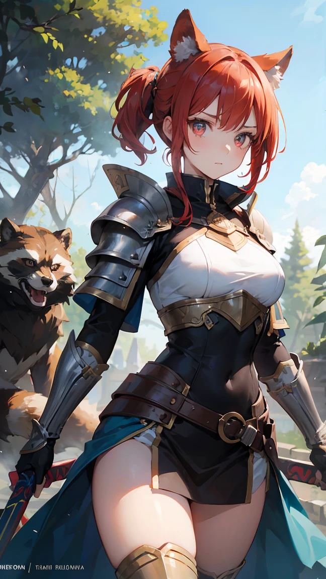 ray tracing, masterpiece, accurate, high details, high quality, best quality, award winning,  young female knight with short, fiery red hair and raccoon-like ears, dressed in finely crafted armor that balances elegance with functionality. Her armor gleams with intricate designs, reflecting both her strength and her connection to nature. Her expression is fierce and determined, eyes focused on her mission. She stands in a medieval fantasy world, perhaps at the edge of a dense, enchanted forest or before a towering, ancient castle. In one hand, she grips a sword, and in the other, a shield, ready to face any challenge. The scene exudes bravery, magic, and a hint of wildness, with her unique features setting her apart as a warrior of legend