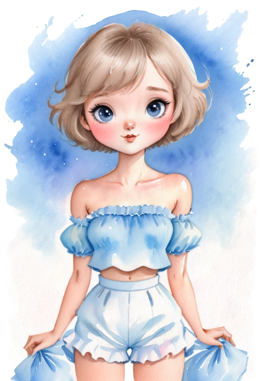 Cartoon style watercolor illustration of a 2 Russian woman with dark blonde hair in a short, straight bob cut, wearing a light blue strapless top with puffed sleeves and a ruffled neckline. She is wearing white shorts, and is standing looking straight ahead.