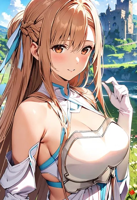 ((masterpiece)), highest quality, very detailed,(one girl),yuki asuna、asuna (stay), brown eyes, bare shoulders, breastplate, arm...