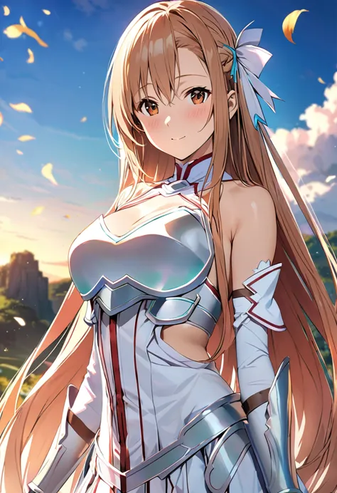 ((masterpiece)), highest quality, very detailed,(one girl),yuki asuna、asuna (stay), brown eyes, bare shoulders, breastplate, arm...