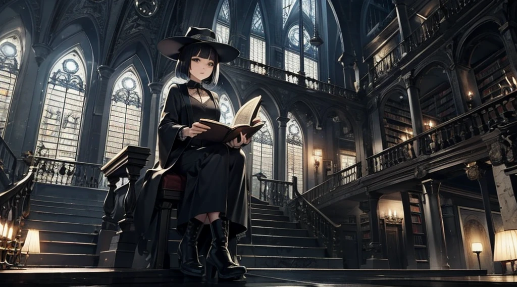 One woman reading a grimoire at a seat in a fantastic library, Black Hat, Black Boots, Black Long Cardigan, White dress, Black hair, Short bob