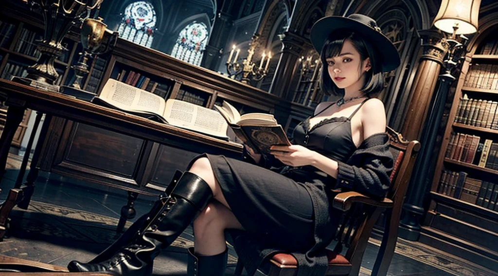 One woman reading a grimoire at a seat in a fantastic library, Black Hat, Black Boots, Black Long Cardigan, White dress, Black hair, Short bob