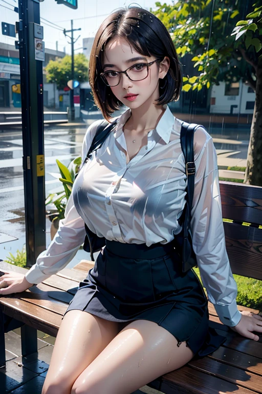 Realistic, High resolution, 1 female, Mature Woman, alone, Hip Up, Viewer Display, (Detailed face), (Short Bob)、(Glasses)、school uniform, mini skirt、Tight waist、Ample breasts、(Bare legs)、Sit on a bench、(Blouse wet in the rain)、(Girl in the rain)、bus stop、Rain、Dark Sky、(Dark Background)、(Navy Socks)