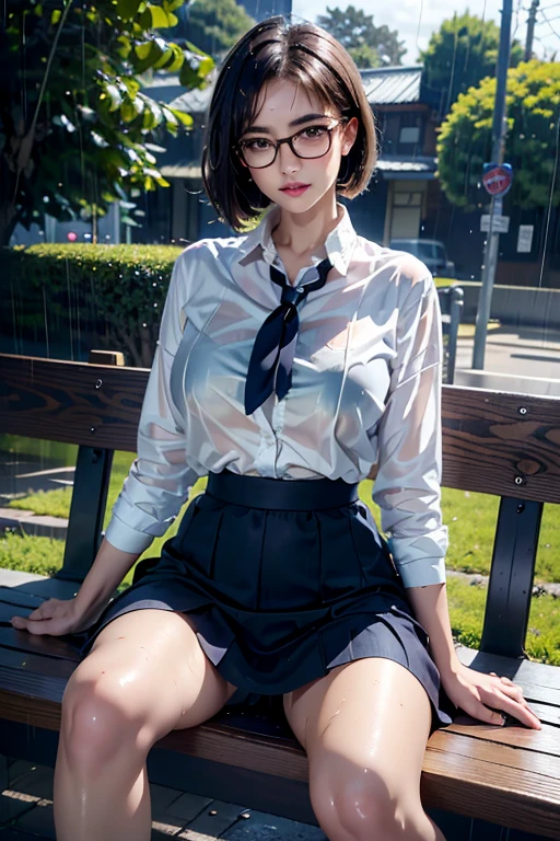 Realistic, High resolution, 1 female, Mature Woman, alone, Hip Up, Viewer Display, (Detailed face), (Short Bob)、(Glasses)、school uniform, mini skirt、Tight waist、Ample breasts、(Bare legs)、Sit on a bench、(Blouse wet in the rain)、(Girl in the rain)、bus stop、Rain、Dark Sky、(Dark Background)、(Navy Socks)