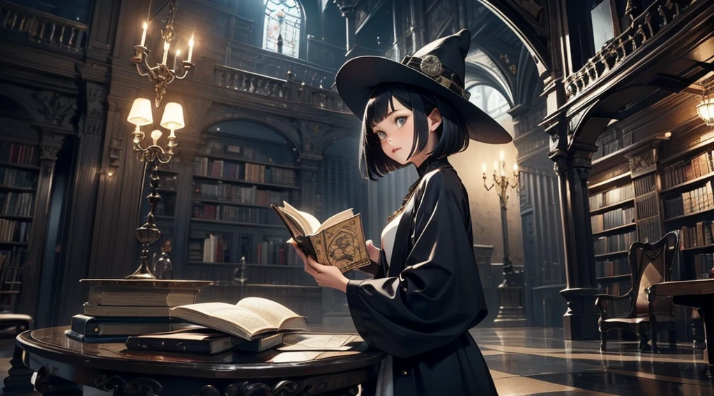 One woman reading a grimoire at a seat in a fantastic library, Black Hat, Black Boots, Black Long Cardigan, White dress, Black hair, Short bob