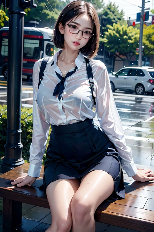 Realistic, High resolution, 1 female, Mature Woman, alone, Hip Up, Viewer Display, (Detailed face), (Short Bob)、(Glasses)、school uniform, mini skirt、Tight waist、Ample breasts、(Bare legs)、Sit on a bench、(Blouse wet in the rain)、(Girl in the rain)、bus stop、Rain、Dark Sky、(Dark Background)、(Navy Socks)