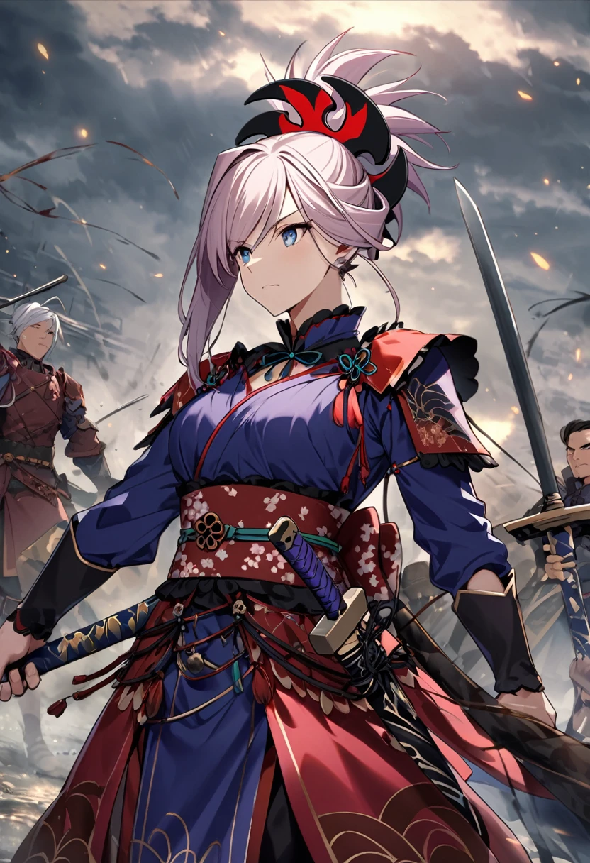 男宮本武蔵がTwo-Wayを披露しているシーン。He has a sword in each hand、Hall々He is looking straight ahead with a confident attitude.。The battlefield spreads in the background.、The scene of warriors fighting under a gloomy sky is depicted in a vague manner.。Miyamoto Musashi&#39;s concentrated expression and powerful posture、The new fighting style he invented『Two-Way』It emphasizes the innovativeness of。