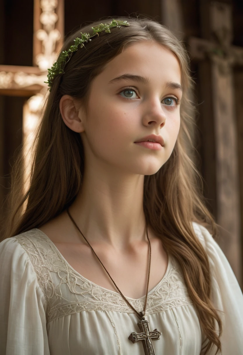 The French teenager is of petite stature and has smooth light brown hair, that reach up to her shoulders. Her eyes are big and green. She wears a simple, but elegant white dress in a muted color. She is wearing a pendant with a small cross. Behind her rises a majestic wooden cross, decorated with filigree carvings. The cross is surrounded by soft light, that fills the scene with a warm and calming atmosphere. The girl looks thoughtfully up at the cross, while a touch of awe and peace flits across her face.