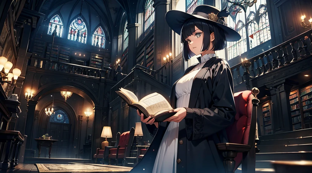 One woman reading a grimoire at a seat in a fantastic library, Black Hat, Black Boots, Black Long Cardigan, White dress, Black hair, Short bob