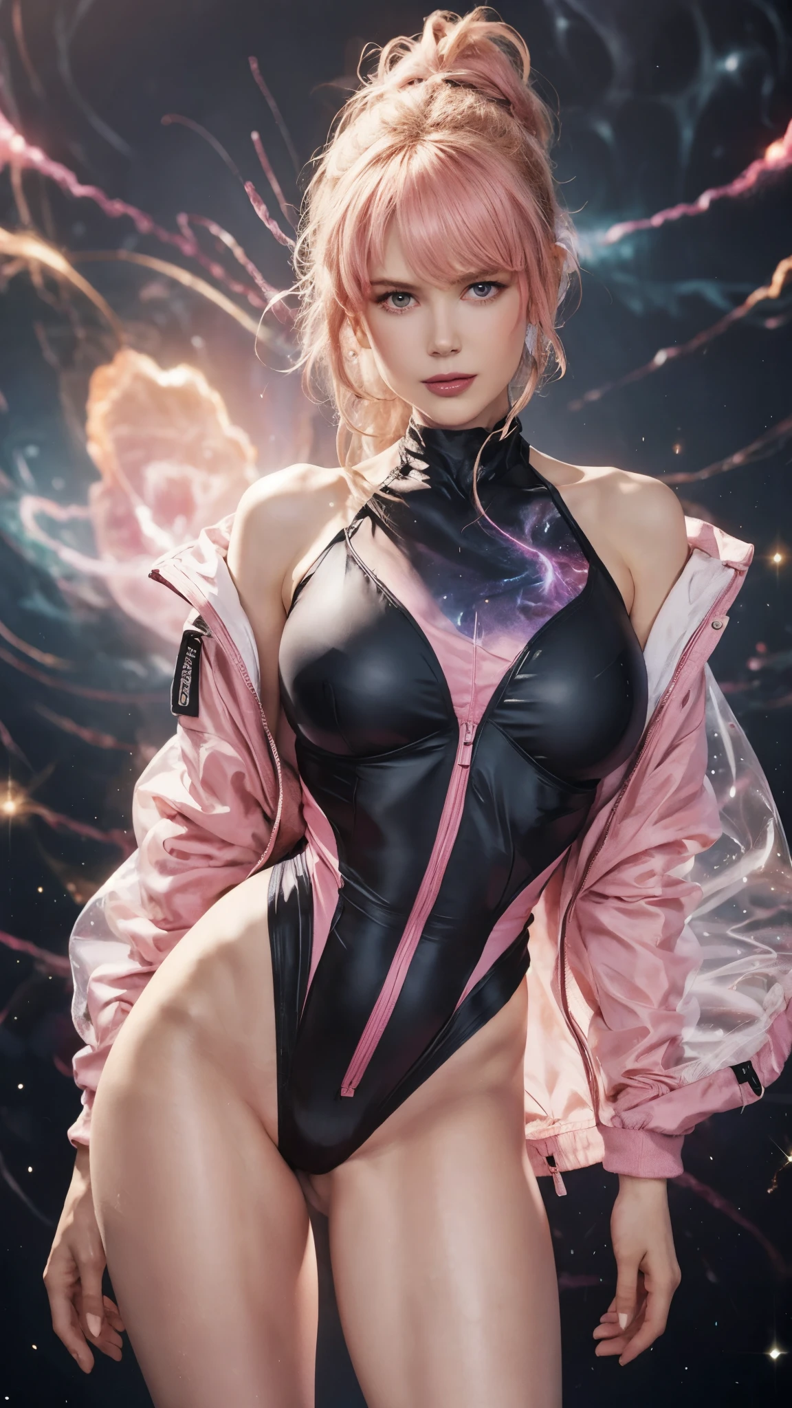 girl, see-through plastic jacket, shoulder tilt, gigantic breast, off-shoulder jacket, detailed face, (looking at viewer:1.4), ponytail, bangs, parted lips, shoulder, (high neckline:1.2) highleg (pink leotard:1.2), detailed streamline details, thigh, shiny, sharp focus, (pink space nebula:1.2), light particles, blurry background, blurry foreground, bokeh, enchanting, otherworldly, soft colors,