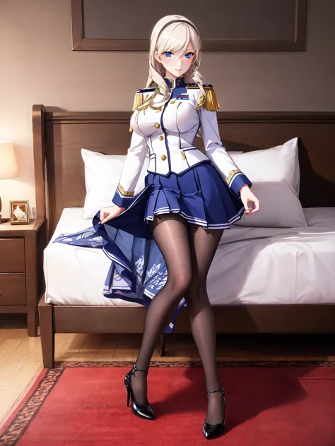 celia\(valkyrie\), celia\(uniform\),one girl, mature woman, alone,
blue eyes, 
black knee socks, high heels, 
bedroom, pillow, 
...