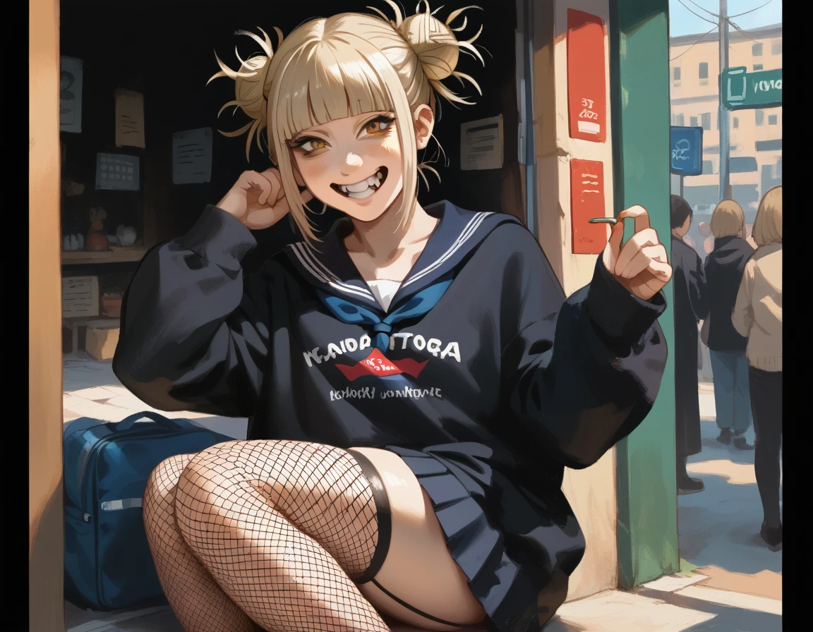 Himiko Toga, Whole body, black fishnet stockings, black clothes, smiling 