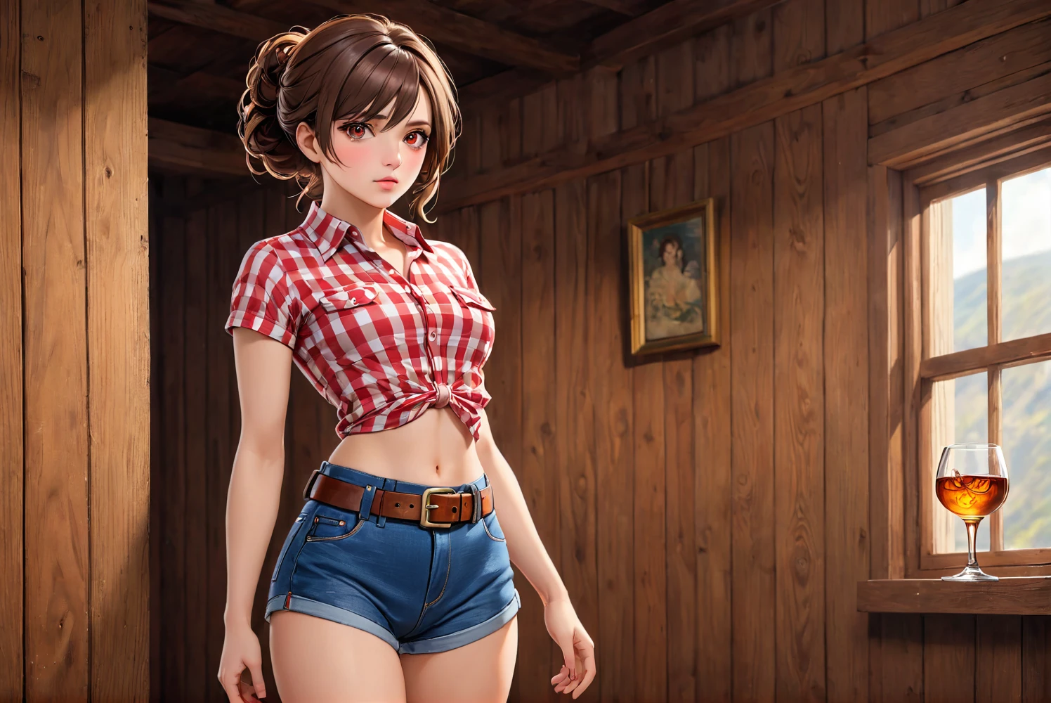 (((One female gunfighter:2.0))),(((NSFW:0.5))),(((Wearing denim hot pants:1.5))),(((Wear a red checked short-sleeved collared shirt:1.5))),(((Wear a gun belt with a holster:1.8))),,((Put the watch on your wrist:1.5))),(((Exposed thin inner thighs))),(((Small breasts:1.5))),(((Navel exposed:1.5))),(((Bare arms))),(((Put your boots on:1.5))),((Blushed:1.8)), Beautiful detailed, Very detailed目と顔, 緻密でBeautiful Eyes, Very detailed, High resolution, Highest quality, masterpiece, Very detailed, 8k wallpaper, wonderful, finely, Highest quality,(Standing in front of a wooden wall),Beautiful Eyes,((Engage your audience:1.2))),((Drinking whiskey:1.0)),(((Frightened face:1.5)))