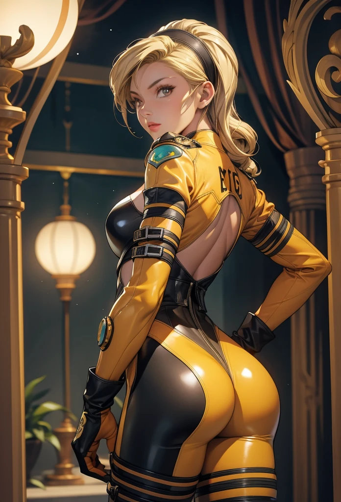 perfect eyes:1.2, detailed eyes:1.4, lienneville, from behind, ass, looking back, mansion, blonde hair, hairband, red eyes, bodysuit, large breasts, cleavage, gloves, cowboy shot, 1girl, solo, (masterpiece:1.6, best quality), 8k, insane details, intricate details, hyperdetailed, hyper quality, high detail, ultra detailed, professional, HDR, ray tracing reflection, cinematic lighting,
