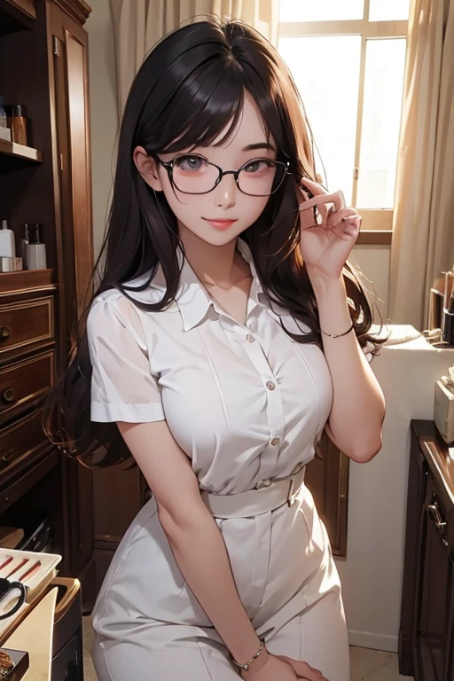 Highest quality、masterpiece、High sensitivity、High resolution、Detailed Description、Slender women、Glasses、beautician、