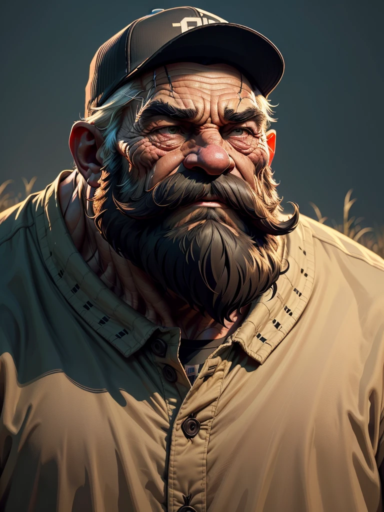 a portrait of an old man wearing a shirt, upperbody, standing in fields, (mwvector), baseball cap, vector, thick mustache, long beard, 8k, high quality, photorealistic, detailed wrinkles, detailed facial features, detailed texture