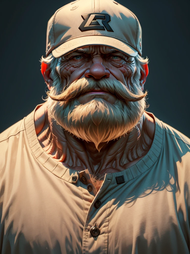 a portrait of an old man wearing a shirt, upperbody, standing in fields, (mwvector), baseball cap, vector, thick mustache, long beard, 8k, high quality, photorealistic, detailed wrinkles, detailed facial features, detailed texture