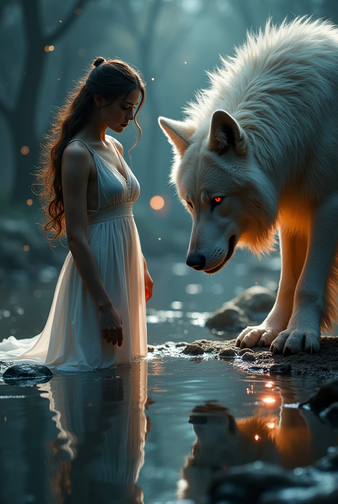 A highly detailed and magical scene featuring a very beautiful brown woman standing in front of a reflective pond at night. The woman gazes down into the looking pond water where its reflection appears as a majestic white wear wolf, illuminated by soft, glowing light. the woman and the wearwolf are looking each other with big and red, expressive eyes. The cloths of woman is elegant white and fur of  wolf are dense and textured, with each hair finely detailed and shimmering with tiny fireflies under a dimly lit night sky. The scene is bathed in a warm orange and golden glow from one side and a cool red light from the other, creating a beautiful contrast. Tiny specks of light, like stars, surround the scene, adding a mystical atmosphere. The surface is textured, with hints of rain and frost around the edges, enhancing the ethereal feel of the image.