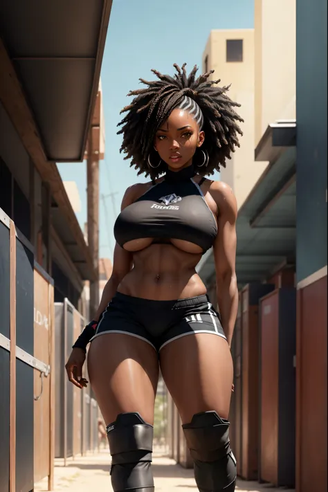 black female, ebony skin, big boobies, big-ass, facing the viewer, underboob tube top, body-hugging esports shorts, football boo...