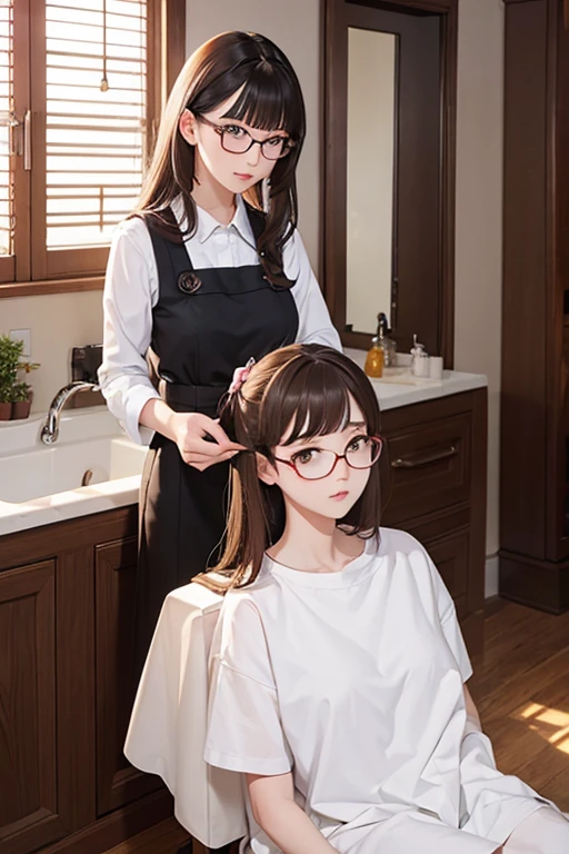 Highest quality、masterpiece、High sensitivity、High resolution、Detailed Description、Slender women、Glasses、beautician、Cut and Perm、