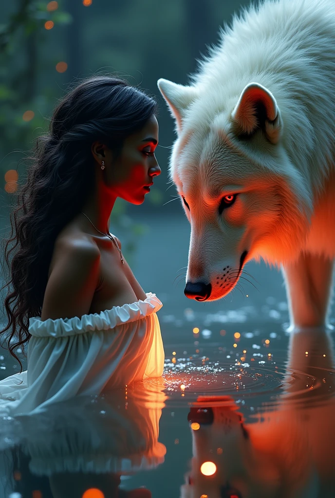 A highly detailed and magical scene featuring a very beautiful brown woman standing in front of a reflective pond at night. The woman gazes down into the looking pond water where its reflection appears as a majestic white wear wolf, illuminated by soft, glowing light. the woman and the wearwolf are looking each other with big and red, expressive eyes. The cloths of woman is elegant white and fur of  wolf are dense and textured, with each hair finely detailed and shimmering with tiny fireflies under a dimly lit night sky. The scene is bathed in a warm orange and golden glow from one side and a cool red light from the other, creating a beautiful contrast. Tiny specks of light, like stars, surround the scene, adding a mystical atmosphere. The surface is textured, with hints of rain and frost around the edges, enhancing the ethereal feel of the image.