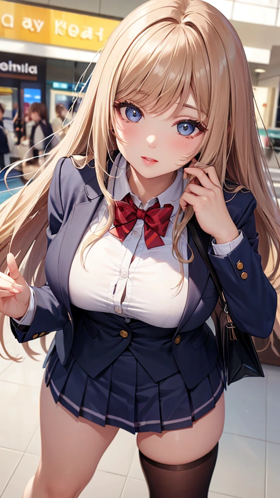 High resolution、Blonde Hair，Light Hair Color、Beautiful eyelashes、20-year-old、Highest quality、Very detailed、Finer details、8k、Beautiful eyes in every detail、Natural lip color、Long Hair、straight hair、Cute face、Large Breasts，Big eyes，looking at viewer、Beautiful feet, school uniform、shirt、mini skirt、Above-the-knee socks、Navy blue blazer、I can see the valley、Unbutton your shirt、Accentuate your breasts、bag、Tight fitting clothes、Shopping Centre、Standing posture