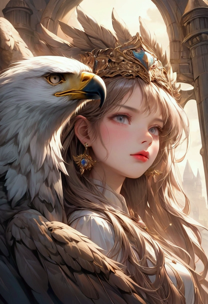 beautiful cute girl like a majestic griffin, Eagle's head, beak, wings, with lion's body, standing guard at the gates of a mythical castle, embodying a powerful symbol of vigilance and strength as a sacred beast, fairy-tales style, from side below, intricate detailed, face, longeyelash, lips, girl's face close-up