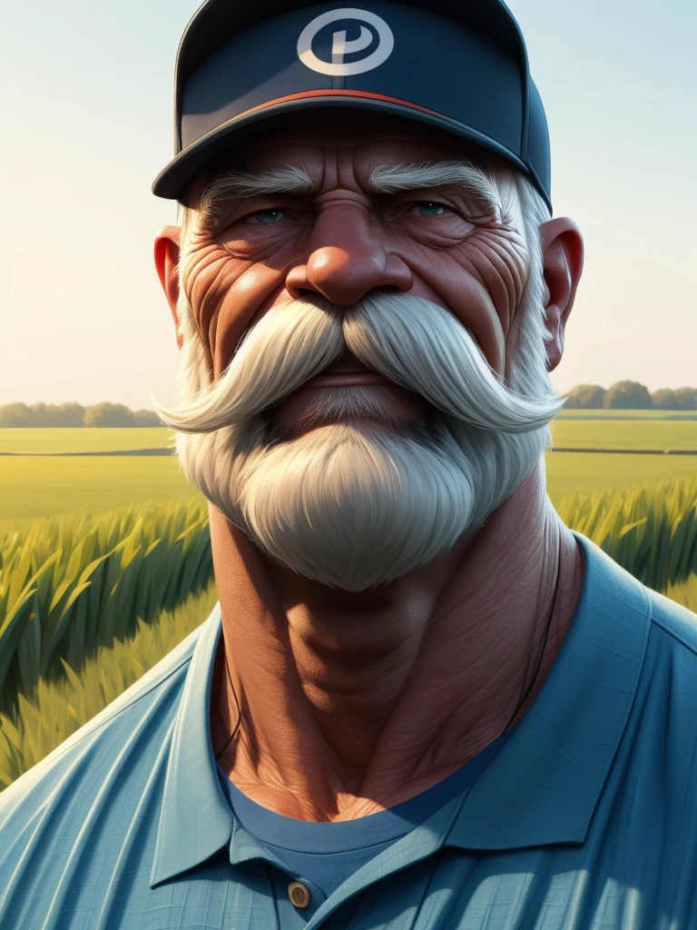 a portrait of an old man wearing a shirt, upperbody, standing in fields, (mwvector), baseball cap, vector, thick mustache, long beard, 8k, high quality, photorealistic, detailed wrinkles, detailed facial features, detailed texture