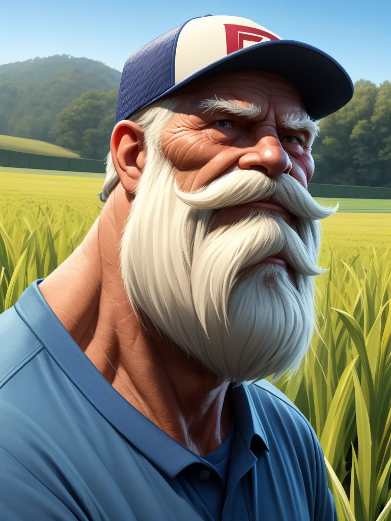 a portrait of an old man wearing a shirt, upperbody, standing in fields, (mwvector), baseball cap, vector, thick mustache, long beard, 8k, high quality, photorealistic, detailed wrinkles, detailed facial features, detailed texture