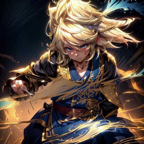 profile picture of a serious, blond-haired lalafel man with an anatomically perfect face and body, dynamic pose, blood aura, cin...