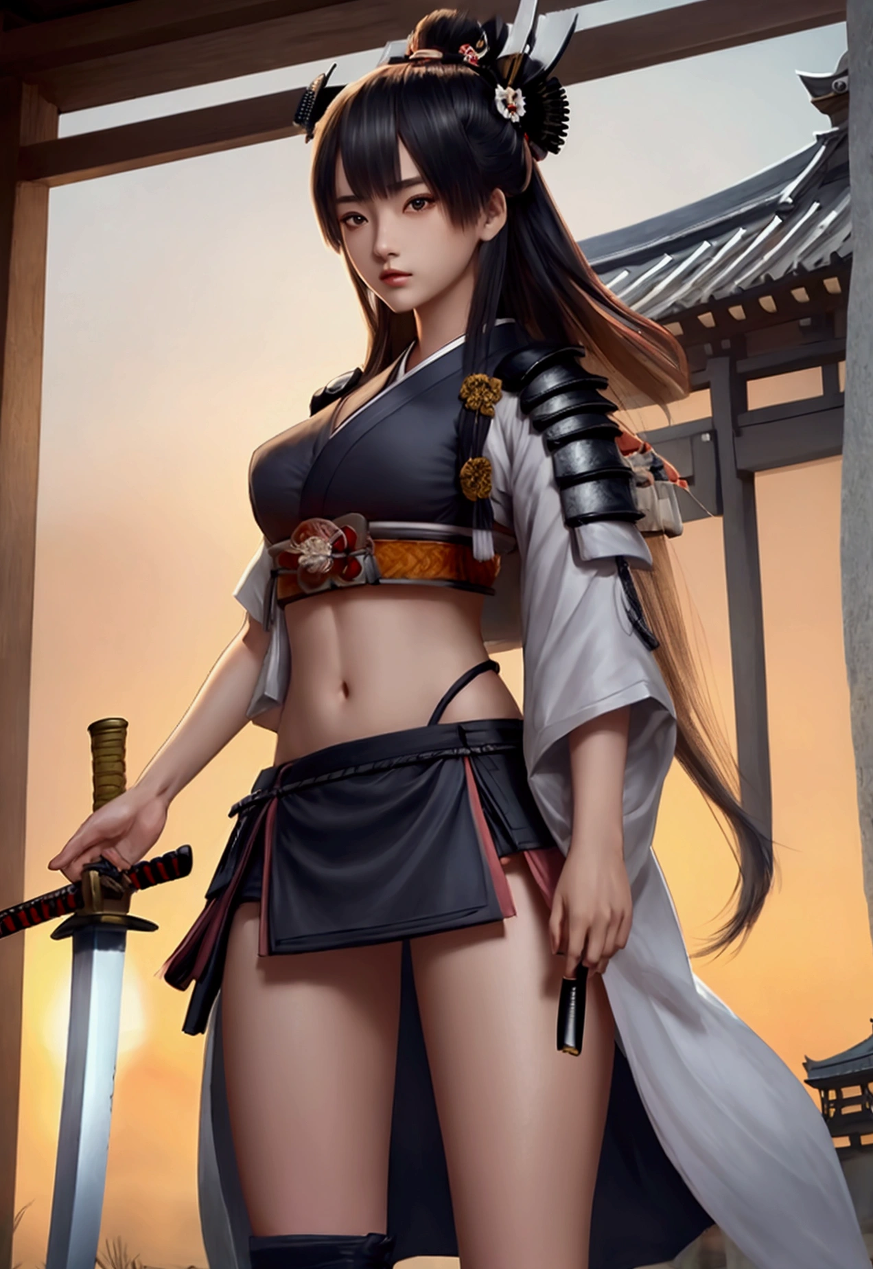 Ronin girl, croptop showing navel, sword, japanese Samurai hat