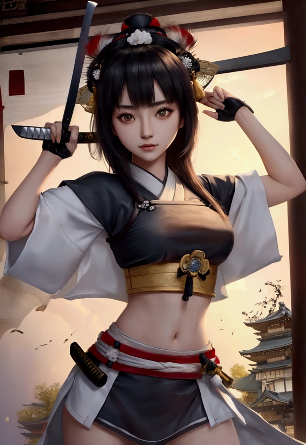 Ronin girl, croptop showing navel, sword, japanese Samurai hat