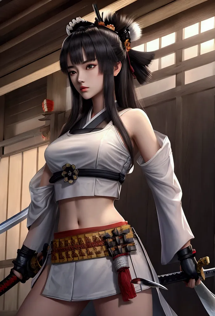 ronin girl, croptop showing navel, sword, japanese samurai hat