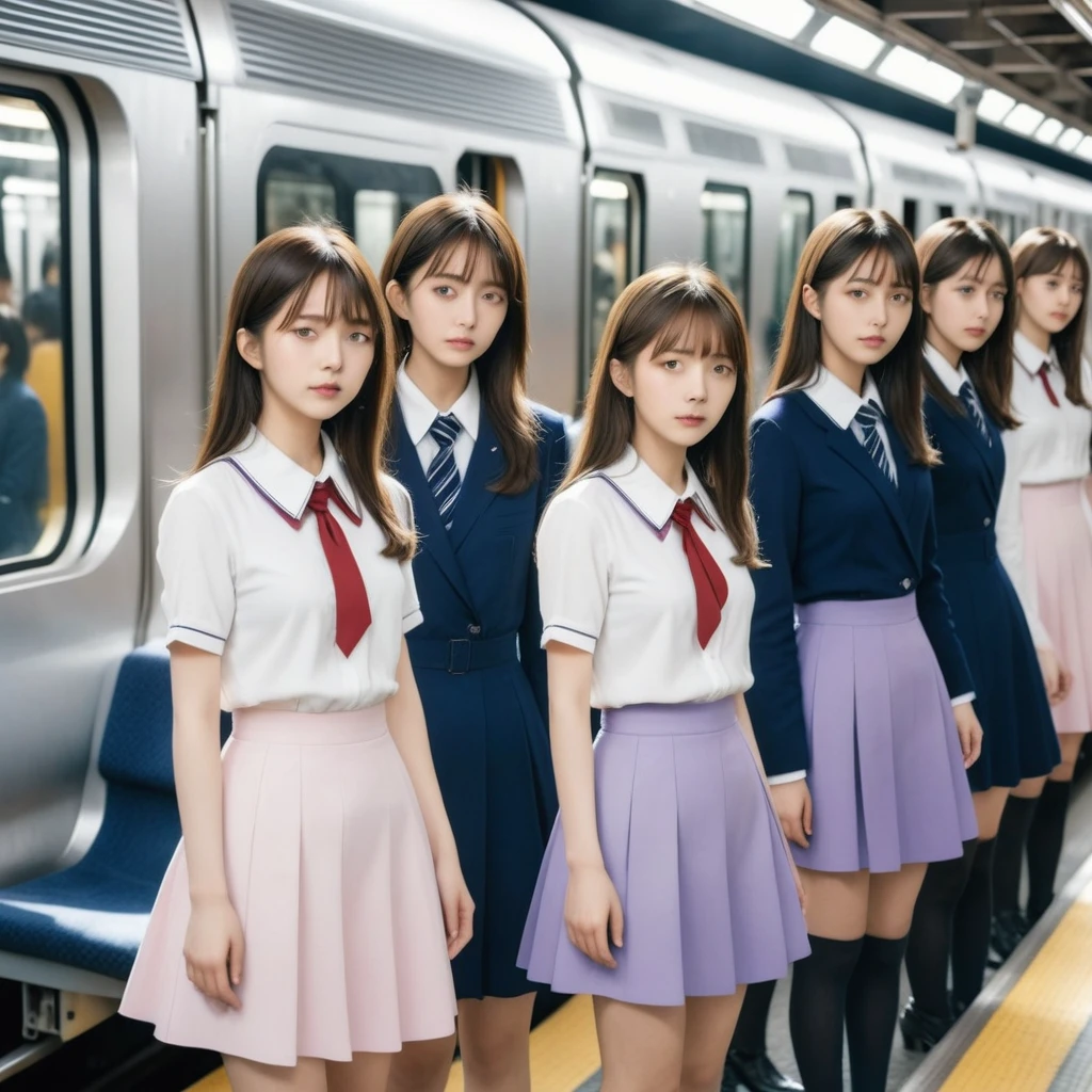 (8k, RAW photo, best quality, masterpiece:1.2), (realistic, photo-realistic:1.4), (extremely detailed 8k wallpaper),The train is crowded with many nogizaka girls,