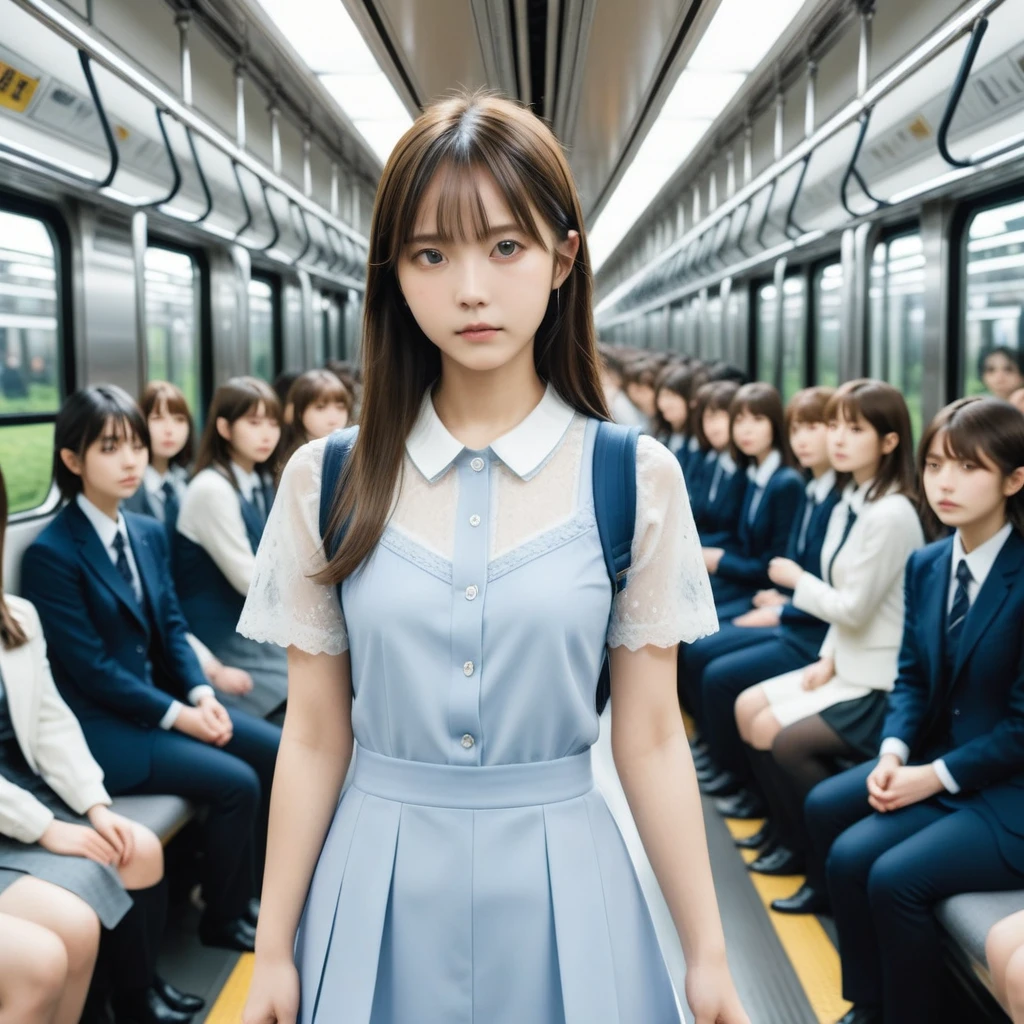 (8k, RAW photo, best quality, masterpiece:1.2), (realistic, photo-realistic:1.4), (extremely detailed 8k wallpaper),The train is crowded with many nogizaka girls,